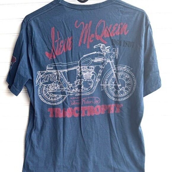 Johnson Motors Steve McQueen distressed M Blue Shirt - Picture 2 of 6